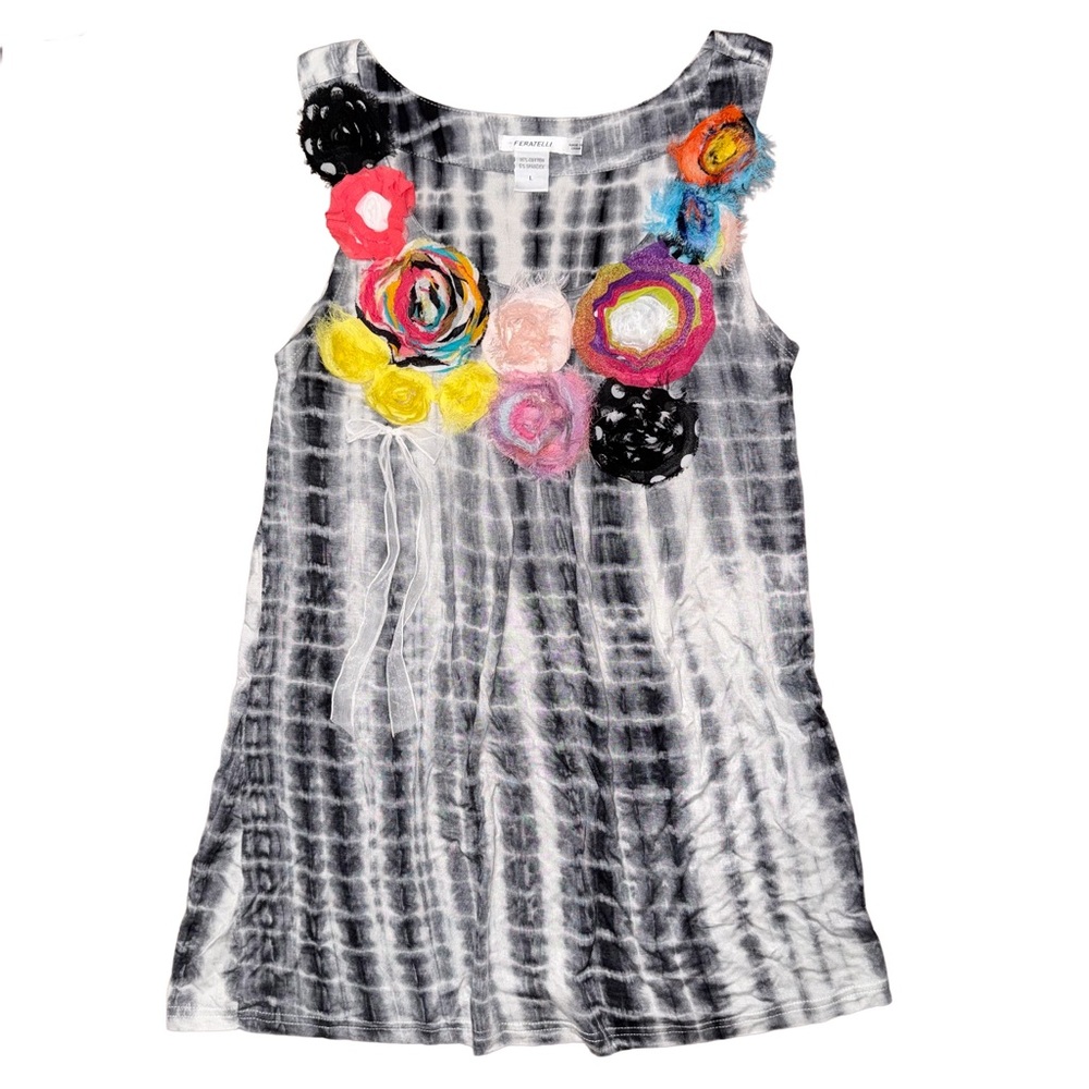 💖 Feratelli Black White Tie-Dye Artsy‎ Tank Top with Floral Accents